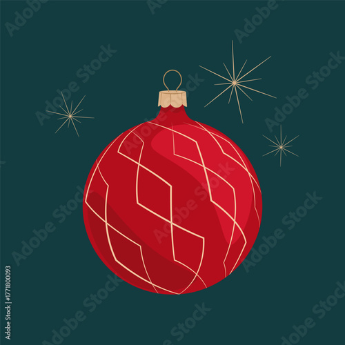 Red round Christmas ornament with gold geometric pattern. Great for banners and holiday invitations.