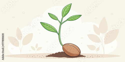 Vector illustration of a sprouting seed with green leaves emerging from the soil on a light background scene