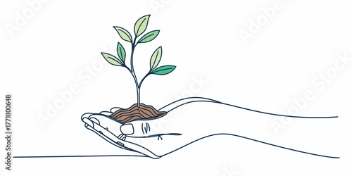 Vector hand holding a small plant with green leaves growing from soil in a continuous line drawing style art