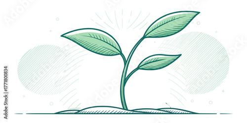 Vector illustration of a young plant with three green leaves emerging from the ground in a sketch style