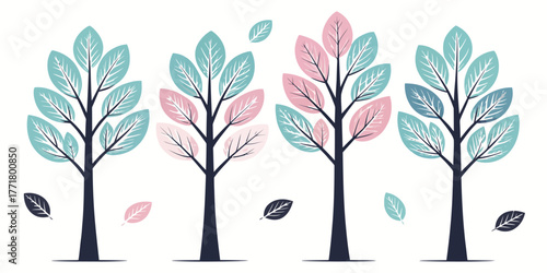 Vector illustration of four stylized trees with leaves in shades of pink and teal on a white background