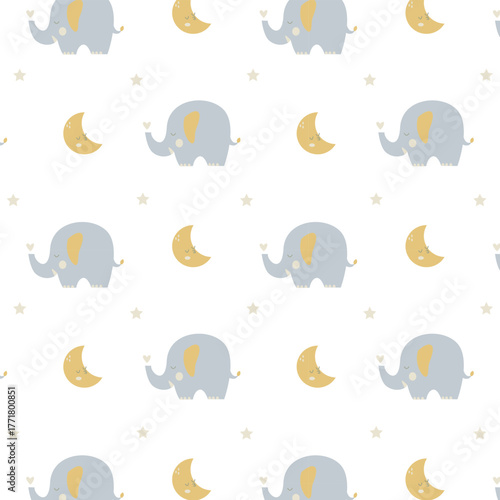 A cute pattern with an elephant, moon, and stars. Perfect for children's textiles or bedrooms.A cute pattern with an elephant, moon, and stars. Perfect for children's textiles or bedrooms.