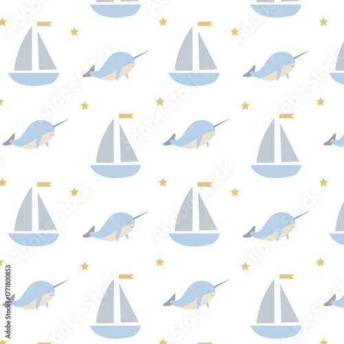 Cute children's pattern with a nautical theme featuring a ship and a narwhal. Perfect for children's textiles.
