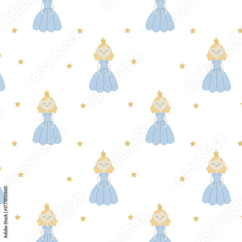 A pattern for girls featuring a cute princess in a blue dress. Perfect for textiles, wrapping paper, and children's rooms.