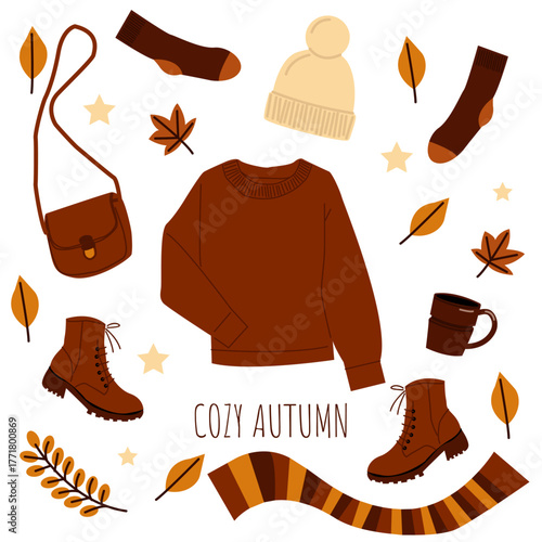 A set of cozy autumn elements. Sweater, boots, bag, mug, leaves, scarf. Set of stickers