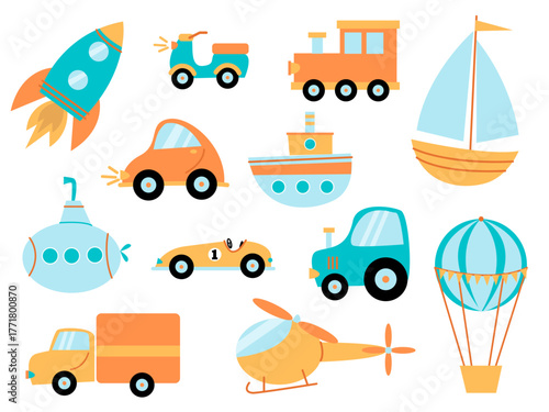 A set of bright children's toy vehicles. Airplane, car, ship, truck, yacht, hot air balloon, helicopter, moped