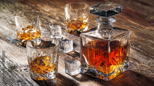 Elegant crystal decanter and glasses filled with amber liquor, accompanied by melting ice cubes, arranged on rustic wooden surface in warm ambient light