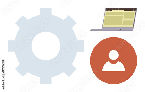 Gear for process, laptop with website interface, user icon for individual. Ideal for teamwork, technology, process, workflow, engineering data management innovation themes. Simple flat metaphor