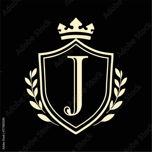 Royal Shield Emblem with Crown and Laurel Wreath in Elegant Minimal Vector Style for Luxury Branding, Heraldic Logo, and Classic Design Concepts