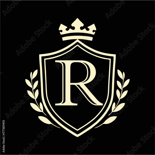 Royal Shield Emblem with Crown and Laurel Wreath in Elegant Minimal Vector Style for Luxury Branding, Heraldic Logo, and Classic Design Concepts