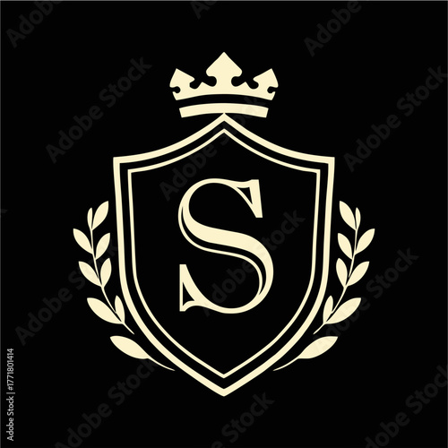 Royal Shield Emblem with Crown and Laurel Wreath in Elegant Minimal Vector Style for Luxury Branding, Heraldic Logo, and Classic Design Concepts