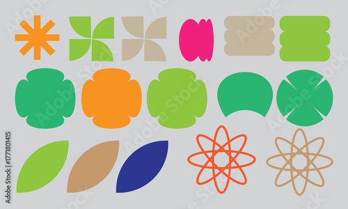 Colorful abstract geometric shape collection creative vector design with flower, leaf, and pinwheel forms for modern art, background, and graphic design elements.