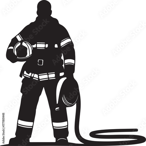 Silhouette of a firefighter holding a helmet and hose, representing emergency services, rescue operations, and bravery in the face of danger. A symbol of courage