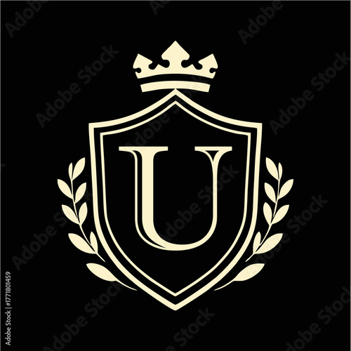 Royal Shield Emblem with Crown and Laurel Wreath in Elegant Minimal Vector Style for Luxury Branding, Heraldic Logo, and Classic Design Concepts