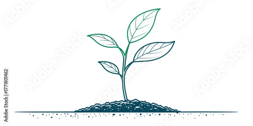 Vector illustration of a seedling with green leaves sprouting from a mound of soil on a white background