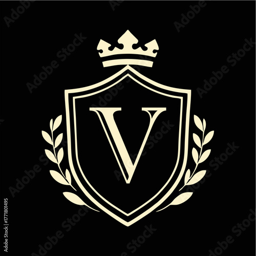 Royal Shield Emblem with Crown and Laurel Wreath in Elegant Minimal Vector Style for Luxury Branding, Heraldic Logo, and Classic Design Concepts