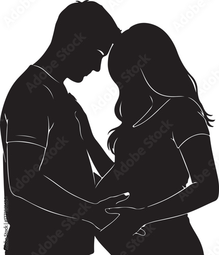 Silhouetted couple embracing, tenderly caressing a pregnant belly, symbolizing the anticipation and joy of parenthood, a beautiful moment of love and connection between future parents