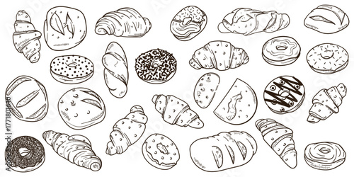 Set collection of bread in line art hand drawn design for bread shop or bakery advertising template