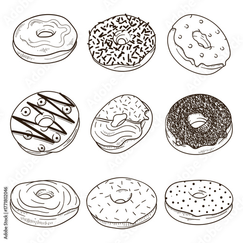 Set collection of donut vector illustration in hand drawn design with various flavors