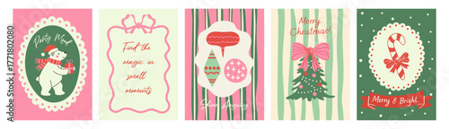 Set of Christmas vertical greeting cards. Vector illustrations with decorated fir tree, red ribbons, ornaments, and cute bear with gift. Holiday postcard templates for celebration and New Year greetin