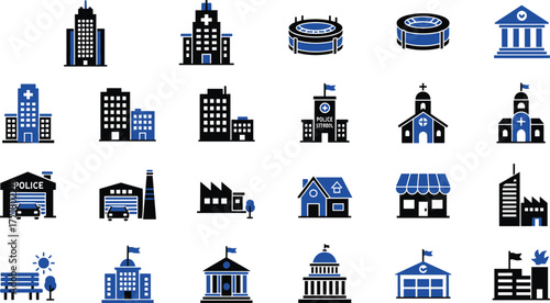 Stylized Urban Infrastructure Icons, A Visual Set of Civic, Residential, Religious, Educational, and Commercial Buildings for Design Reference