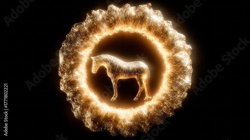 A captivating zodiac wheel embodies the fire element, featuring a shimmering horse at the center. The design radiates energy and elegance, highlighting the importance of fire in astrology