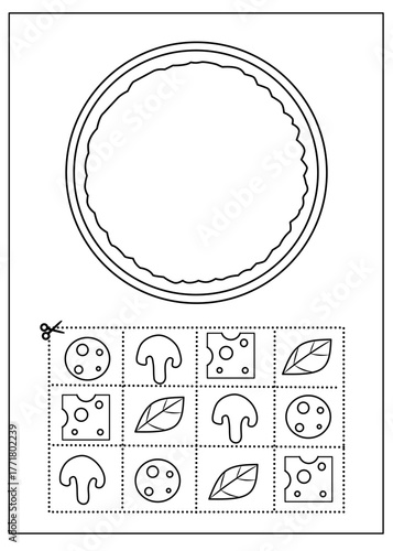 Cut and paste pizza craft for preschool. Kids color and glue toppings to create their own pizza. Fun food activity.
