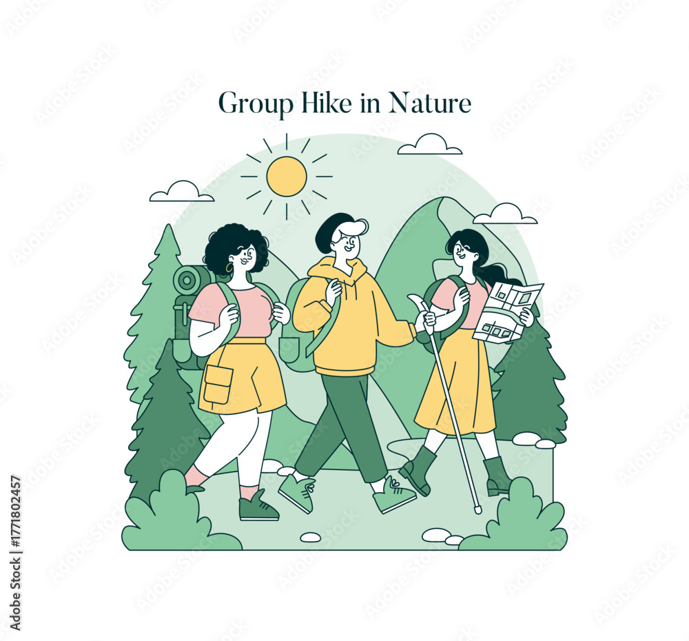 Fototapeta premium Group Hiking Adventure in Nature Vector Illustration