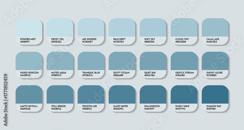 Matte Light Blue Color Guide Palette with Color Names. Catalog Samples Matte Light Blue with RGB HEX codes and Names. Matte Colors shades Vector, Original Matte blue Color Palette, Fashion Trend blues