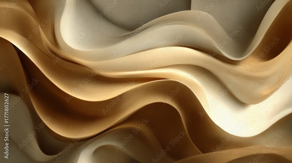 Obraz premium Abstract Cream and Gold Waves Illustration, Seamless Pattern with Elegant Curved Lines, Indoor Fine Art Visual, 3D Render.