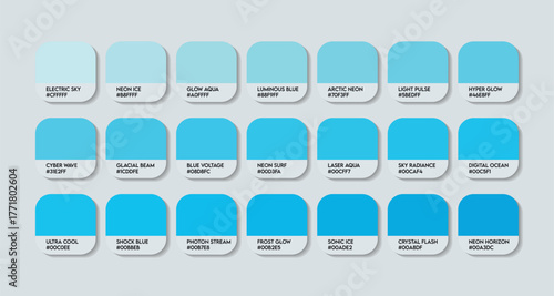 Neon Light Blue Color Guide Palette with Color Names. Catalog Samples Neon Light Blue with RGB HEX codes and Names. Light Blue Colors shades Vector, Original Neon Blues Color Palette, Fashion Trend