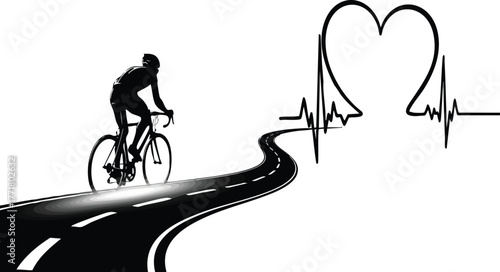Cyclist on winding road toward health symbolized by heartbeat and heart shape