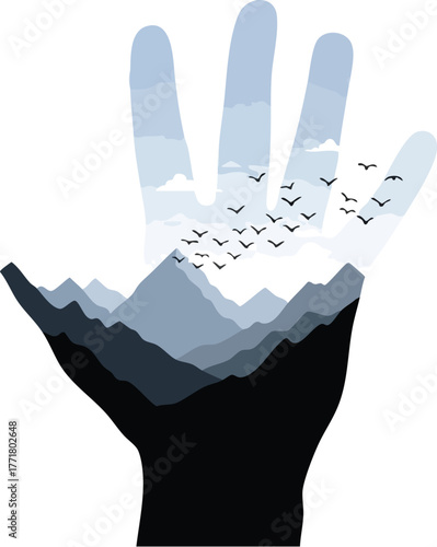 Vast mountain landscape and flock of birds reflected within an open human hand.