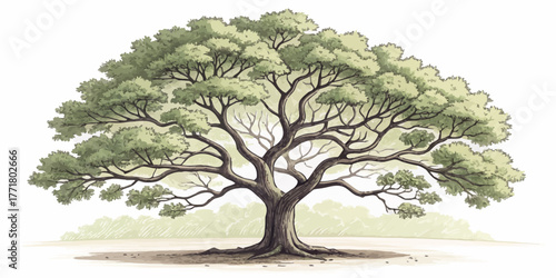Vector illustration of a large tree with a full canopy and thick branches on a light colored background art