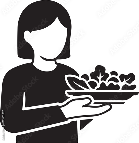 Human figure holding a plate of salad silhouette — minimal, friendly shape.