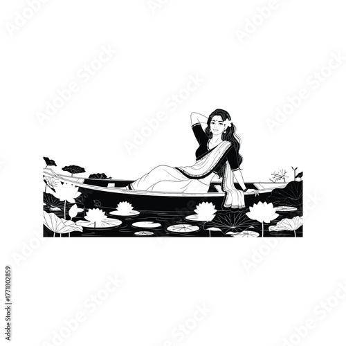Beautiful indian woman in traditional white and black saree relaxing in a boat surrounded by lotus flowers