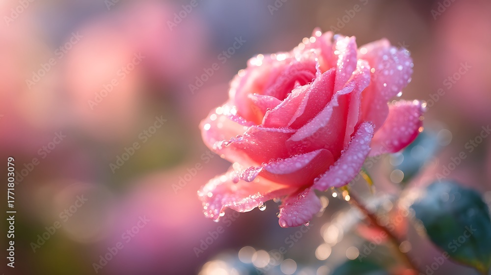 Fototapeta premium Romantic pink rose glistening with dewdrops in the soft morning sunlight