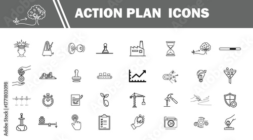 Collection of hand drawn doodle icons representing business strategy and action plan concepts