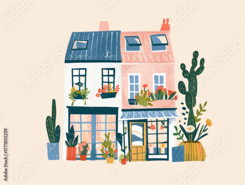 Colorful cute flower store building illustration, AI generated