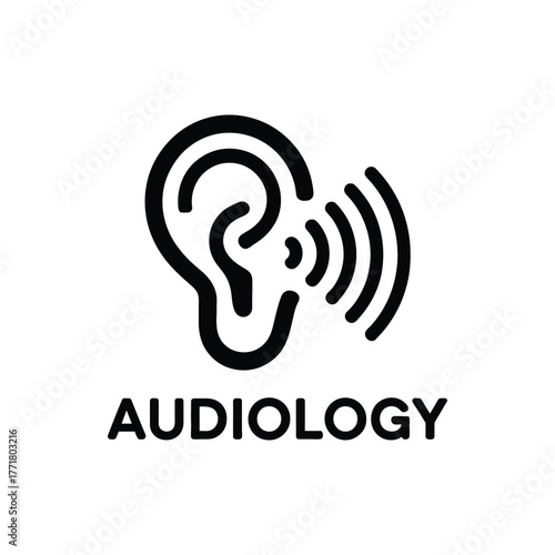 An audiology graphic icon representing sound waves entering an ear, with text.