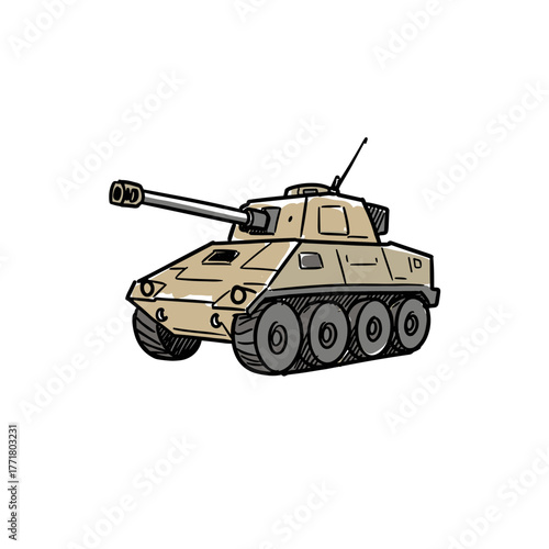 Cartoon tank drawing handdrawn military vehicle with cannon in playful style