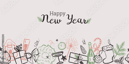 New Year seamless border bottom. Doodle Sketch. Textured elements are crafted in a charcoal style. Gift, glass of champagne, wreath, sparkler, fir branch, pine cone, mistletoe, lantern.