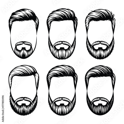 Six distinct styles of beards and hairstyles are illustrated for men.