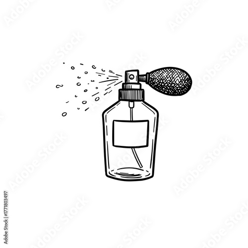 Vintage perfume atomizer with bulb spray bottle in hand drawn style