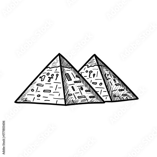 Hand drawn pyramids with hieroglyphics in black and white sketch style