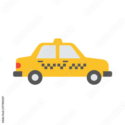 Flat yellow taxi icon with checker pattern on white background