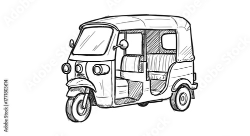 Handdrawn sketch of a classic threewheeled auto rickshaw