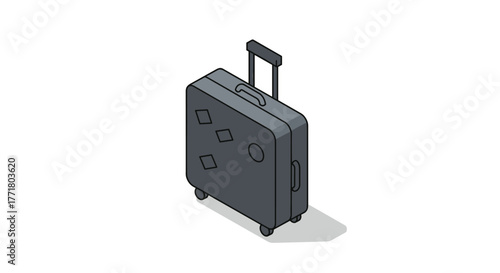 Isometric dark suitcase with wheels and travel stickers on white background