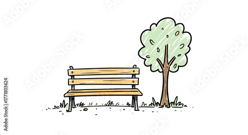 Minimalist park scene with wooden bench and tree outline