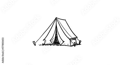Camping tent handdrawn sketch minimalist black and white outdoor decor